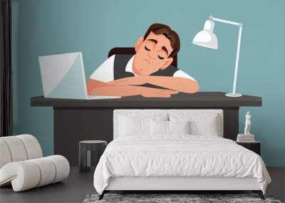 Tired Man Sleeping at the Office Suffering from Burnout Vector Illustration. Overworked employee felling exhausted having a nap on the desk
 Wall mural