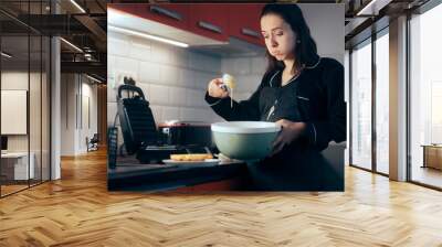 Woman Cooking Breakfast Staining Her Apron with Waffle Mix Wall mural