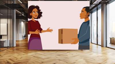 Woman Receiving a Delivery Package from Courier Worker Vector Illustration. Satisfied customer being given online order from a deliveryman 
 Wall mural