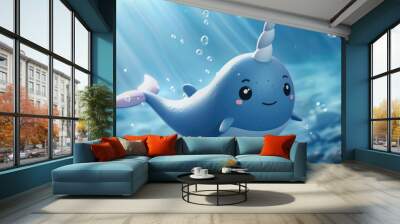 A cute baby narwhal swimming in the deep blue sea Wall mural