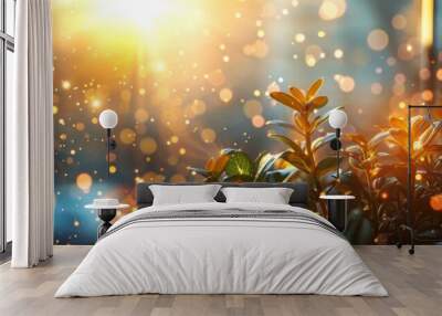 Sunlit plants with golden bokeh Wall mural