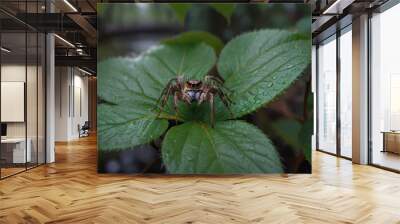 spider on leaf in a rainy day Wall mural