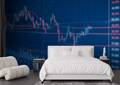 Stock market chart with red zigzag line, suggesting bullish trend on blue background. Wall mural