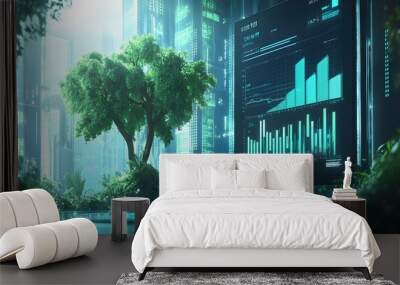 Sustainability Metrics: A serene, futuristic environment with graphs and charts highlighting long-term growth potential, focusing on economic, social, and environmental impact, with a green and blue c Wall mural