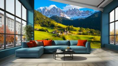 Beautiful sunset in Santa Maddalena village - Val di Funes valley,  Dolomites - Trentino Alto Adige, Bolzano - Italy Wall mural