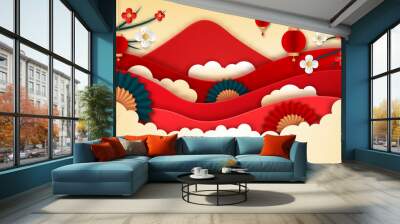 Chinese new year paper style vector. Poster or banner using lanterns and flowers suitable for chinese new year event. Wall mural