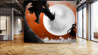 The legend of the dragon knight. Fantasy silhouette art Wall mural