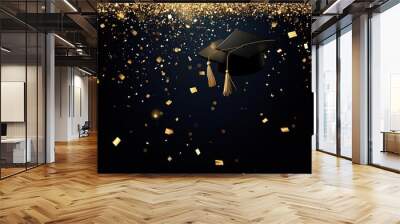 A black graduation cap with a golden tassel surrounded by confetti against a festive backdrop, symbolizing achievement and celebration.
 Wall mural