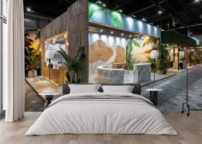 A modern trade show booth with tropical design elements featuring palm trees, wooden textures, and sunset imagery.
Tropical Themed Trade Show Booth Wall mural