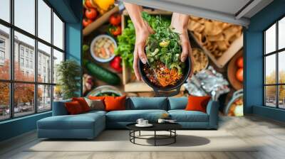 photo that highlight your eco-friendly practices, such as zero-waste cooking, recycling, or using renewable energy with vegetables and fruits. Wall mural