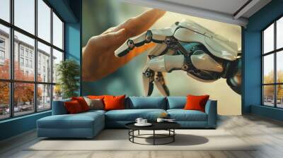 A human hand reaches out to touch a robotic hand, symbolizing the relationship between humans and artificial intelligence. Wall mural