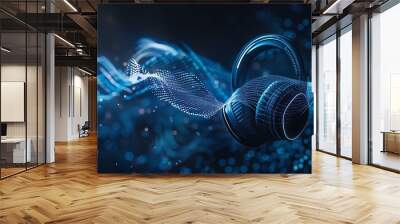 A pair of headphones against a blue background with a wave of digital particles. Wall mural