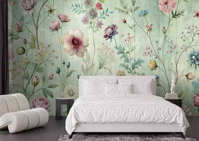 a shabby chic floral wallpaper pattern for a vintage-inspired room. Incorporate delicate wildflowers and vines on a weathered wooden panel background Wall mural