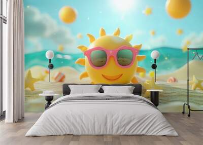 A smiling sun with sunglasses is on a beach. Wall mural