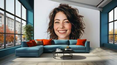 A woman with short wavy hair smiles at the camera. Wall mural