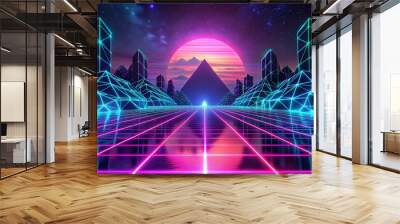 futuristic neon futuristic city background with neon lines and neon lights. neon retro retro style. abstract background, digital technology, science and future concept, Wall mural