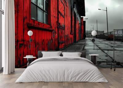 Red Wall and Wet Concrete Pathway Wall mural