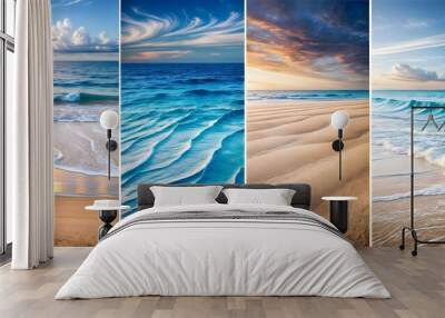 set of beautiful tropical beach with palm trees, thailand, travel and vacation concept collage of pictures of the beach and sea abstract background with waves and sea. Wall mural