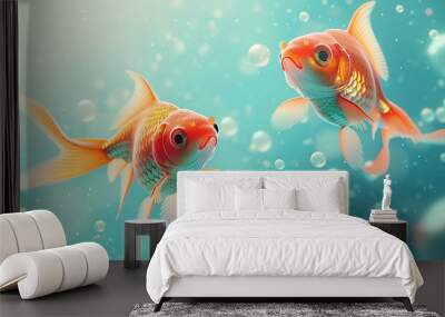 Two goldfish swim in clear blue water with bubbles. Wall mural