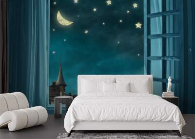 surreal fairy tale art background, view from room with open window, night sky with moon and stars, copy space, Wall mural