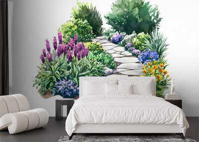 Garden walking path, watercolor clipart illustration with isolated background. Wall mural