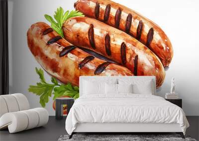 Grilled sausages, watercolor clipart illustration with isolated background. Wall mural