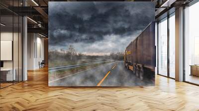 Truck at road during a heavy downpour. Wall mural