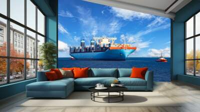 Tugboats assisting container cargo ship to harbor. Wall mural