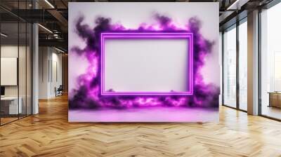 A glowing purple neon frame surrounded by futuristic black smoke on a white background. Perfect for creative design and digital artwork concepts. Wall mural