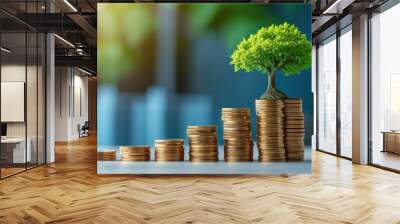 A small tree growing atop stacks of coins signifies financial growth, investment, and savings in a conceptual colorful background. Wall mural