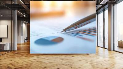 Close up of a pen resting on a financial report with colorful graphs and data, ideal for business and finance concepts. Wall mural