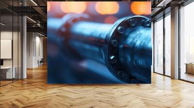 Close up of industrial piping with shiny metallic surface and warm glowing lights in a modern facility. Wall mural