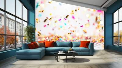 Colorful confetti falling gracefully, creating a festive atmosphere perfect for celebrations and parties. Wall mural