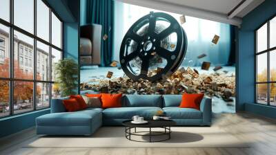 Film reel surrounded by scattered film pieces, natural light from the window. Wall mural