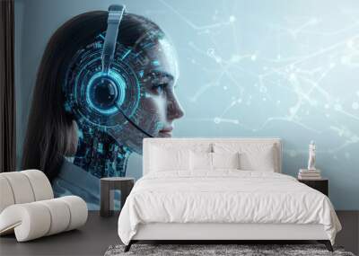 Futuristic woman with a digital headset, blending technology and human interaction, symbolizing innovation in communication, ai call center concept Wall mural