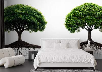 Illustration of two trees showcasing roots and foliage, symbolizing growth, nature, and environmental harmony, cutout, png Wall mural