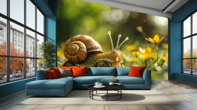 realistic of A sunny snail on the cover, slowly driving a tiny car in the garden isolated on white background Wall mural