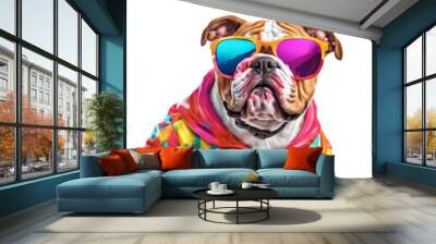 Stylish bulldog wearing colorful sunglasses and a vibrant hoodie, isolated on white background. Wall mural