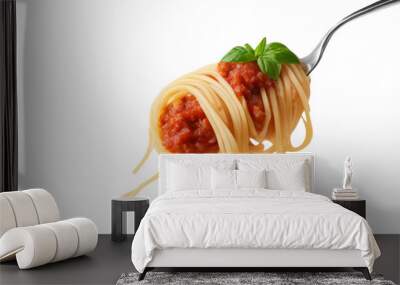 Tasty spaghetti twirled on a fork with rich tomato sauce and fresh basil, perfect for Italian cuisine lovers and food enthusiasts. Wall mural