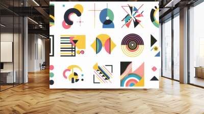 Abstract geometric shapes and icons. Colorful groovy brutal figures. Modern Swiss design aesthetic. --ar 16:9 Job ID: 2f49a734-106d-4ecf-a4ff-b5bff731e27b Wall mural