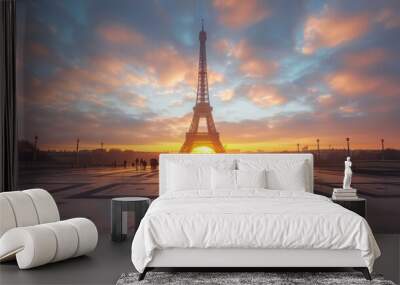 Beautiful sunrise view from Trocadero of the Eiffel Tower of Paris France with soft morning light and without people --ar 16:9 --v 6 Job ID: b8bb63e1-be65-4214-a2a6-cc60587d2a2b Wall mural