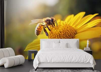 Bee pollinates yellow flower. Insects. --ar 16:9 --v 6.1 Job ID: ccb2d81c-11a8-4be4-8c53-fcb3f5950da5 Wall mural