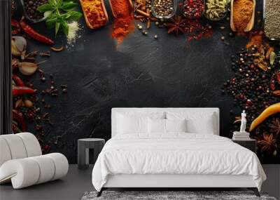 Large variety of spices and herbs on black table background with empty space for text or label - Wall mural