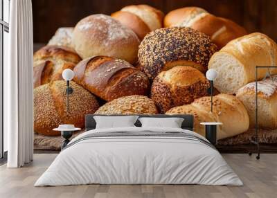 Many mixed breads and rolls of baked bread on wooden table background - Wall mural