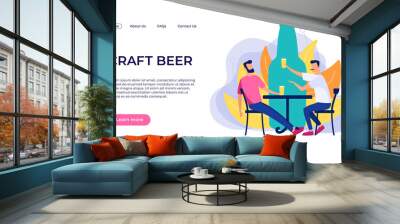 Craft beer landing page concept. Vector template with two men holding craft beer glasses drinking in  pub. Giant bottle background. Flat style illustration poster. Wall mural