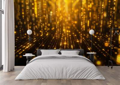 Abstract golden digital background with light stripes and glow lines on black. Big data visualization of binary code in the style of abstract futuristic wallpaper. Black gold background Wall mural