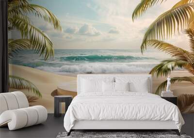 Abstract tropical beach background with round podium for product presentation, summer scene with ocean and palm trees, mockup design template Wall mural