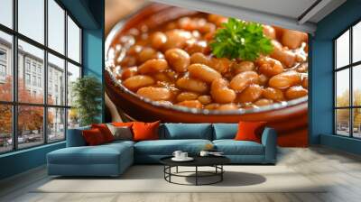 Close-up of a bowl of baked beans, rich and saucy, garnished with a sprig of parsley, capturing the warmth and heartiness of this classic dish Wall mural