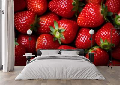 Full frame close-up of red ripe fresh strawberries, organic, natural food, background, AI Generation Wall mural