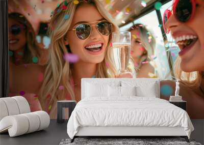 joyous group of friends laughing and celebrating with champagne in party bus Wall mural